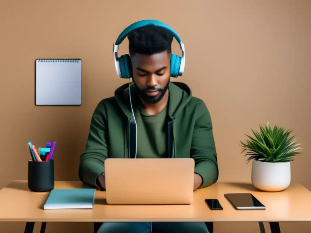 Estudiante organizado con tecnología Persona estudiando con laptop y teléfono en escritorio organizado