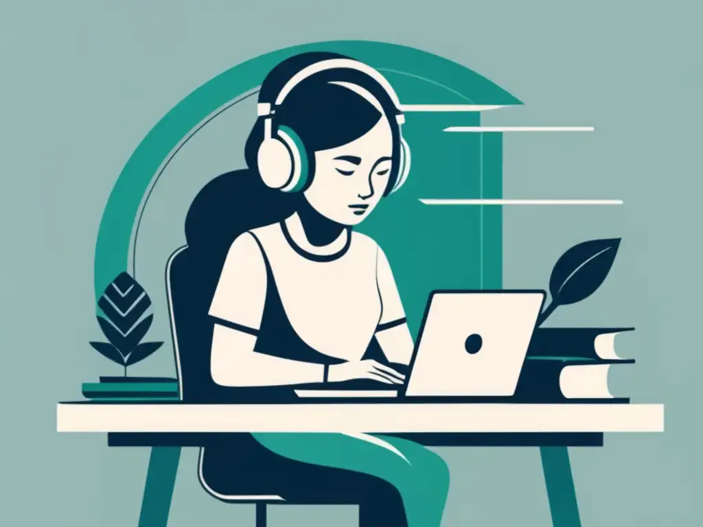 Persona en escritorio con tecnología y libros Persona motivada con laptop, libros y auriculares en un escritorio organizado