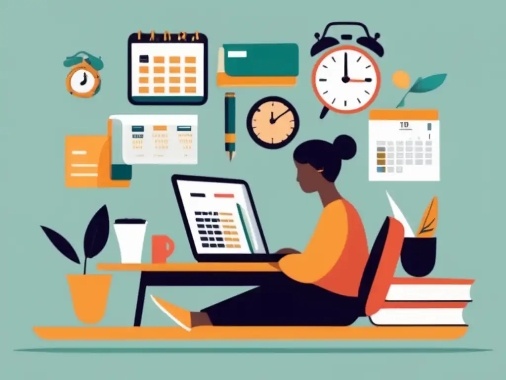 Estudio productivo con apoyo social Persona estudiando con objetos que representan vida académica y social