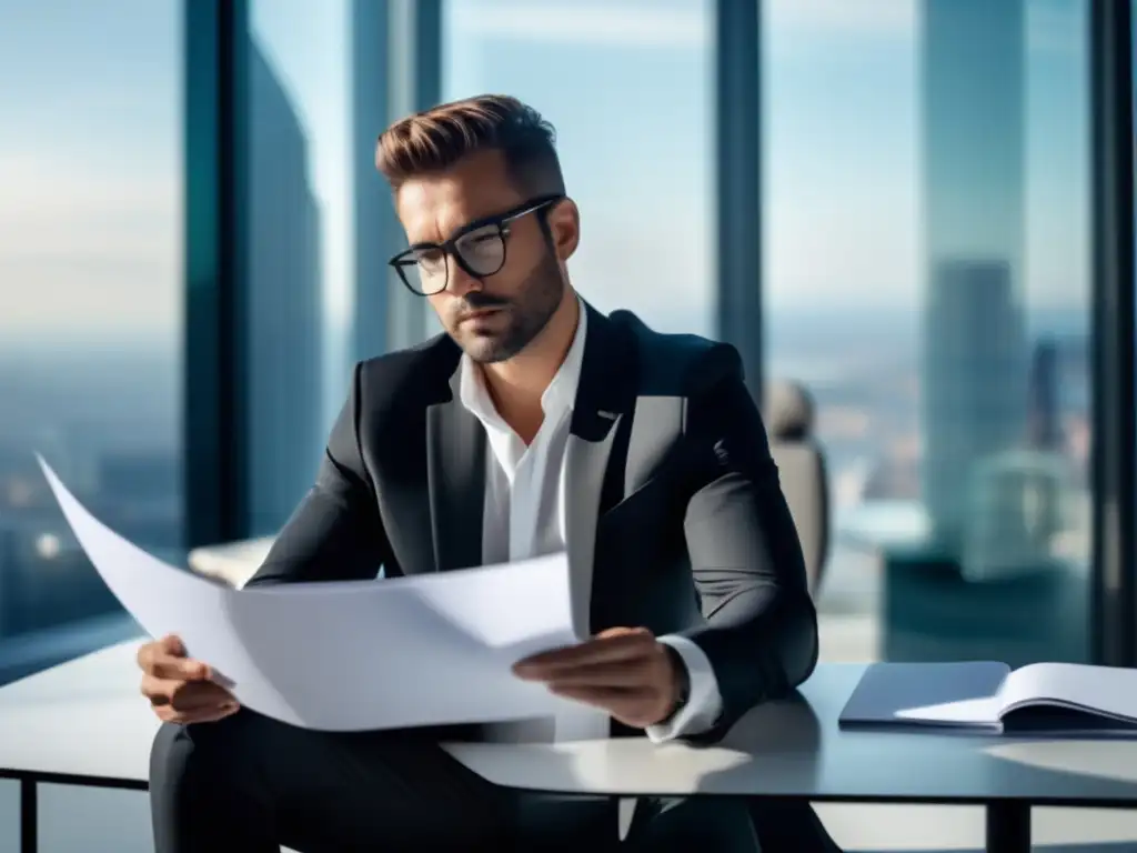 Persona en oficina moderna y minimalista, enfoque profesional Persona en oficina moderna, profesional, determinada, con papeles y vista panorámica
