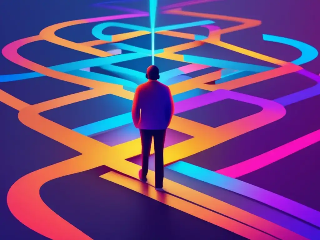 Decisión de carrera: Cruce de caminos iluminados Persona reflexionando sobre opciones profesionales en una encrucijada - Prevenir el costo emocional carrera