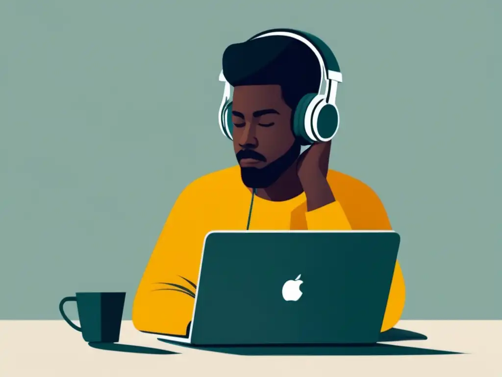 Persona reflexionando en el aprendizaje en línea Persona pensativa en escritorio con laptop, concepto de autoevaluación y motivación en aprendizaje online
