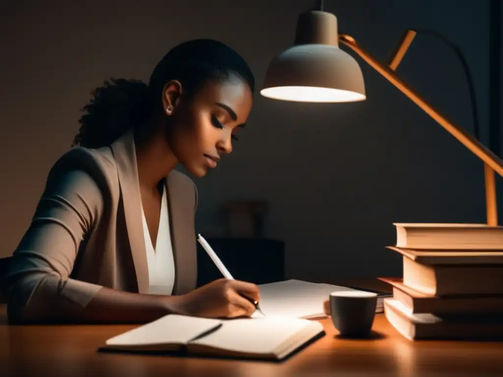 Persona concentrada en escritura Persona pensativa en escritorio, listo para escribir un ensayo