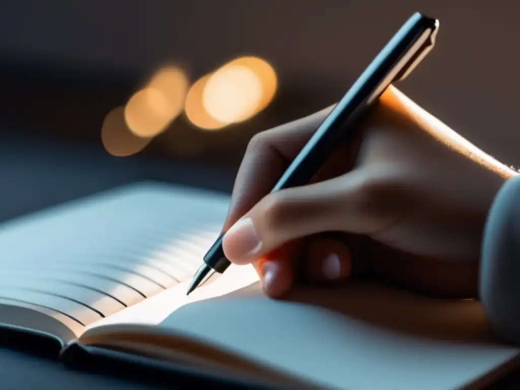 Mano escribiendo en cuaderno Persona sosteniendo pluma sobre cuaderno, evoca estudio, planificación y crecimiento académico