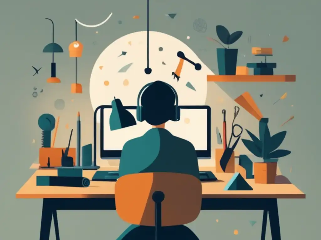 Sentado en el escritorio, reflexionando Persona reflexionando y creando un portafolio universitario atractivo con herramientas y talentos diversos
