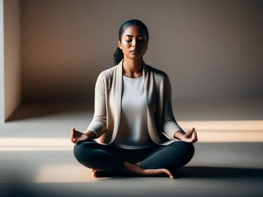 Persona meditando en ambiente sereno Persona en postura meditativa rodeada de un entorno sereno y minimalista, transmitiendo calma y paz interior
