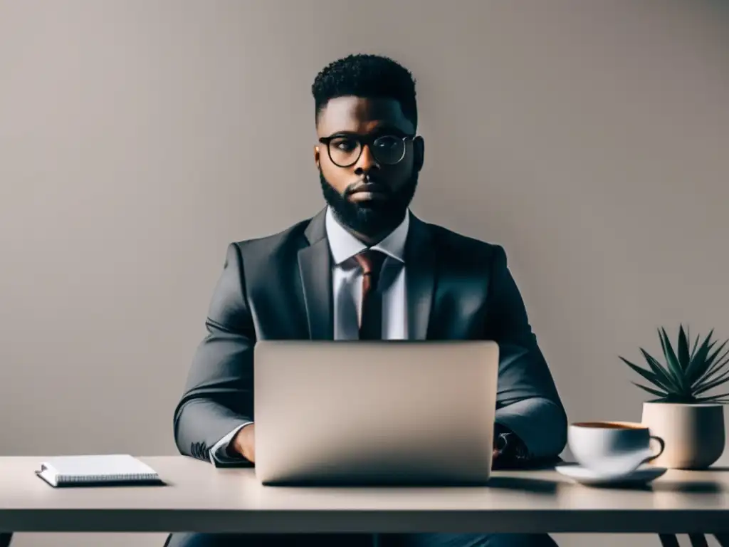 Persona en un escritorio, productividad y profesionalismo Persona profesional enfocada en el escritorio con laptop, mostrando importancia de mantener currículum actualizado