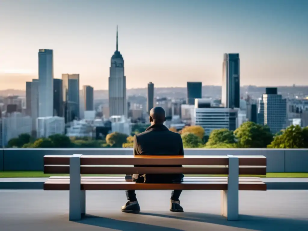 Reflexiones solitarias en la ciudad Persona reflexiva en banco solitario, rodeada de ciudad bulliciosa, transmite desafíos de equilibrar vida social y preparativos de admisión
