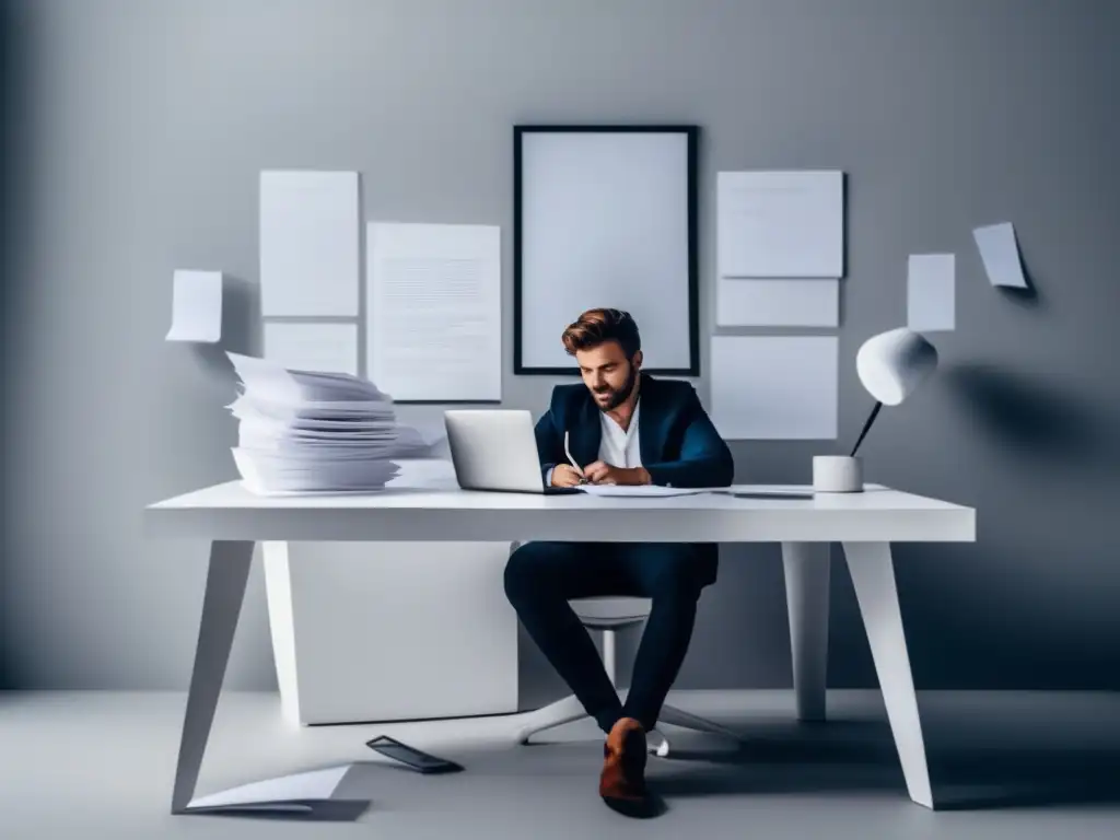 Persona reflexiva en escritorio blanco con papeles emocionales Persona reflexiva creando currículums emocionales