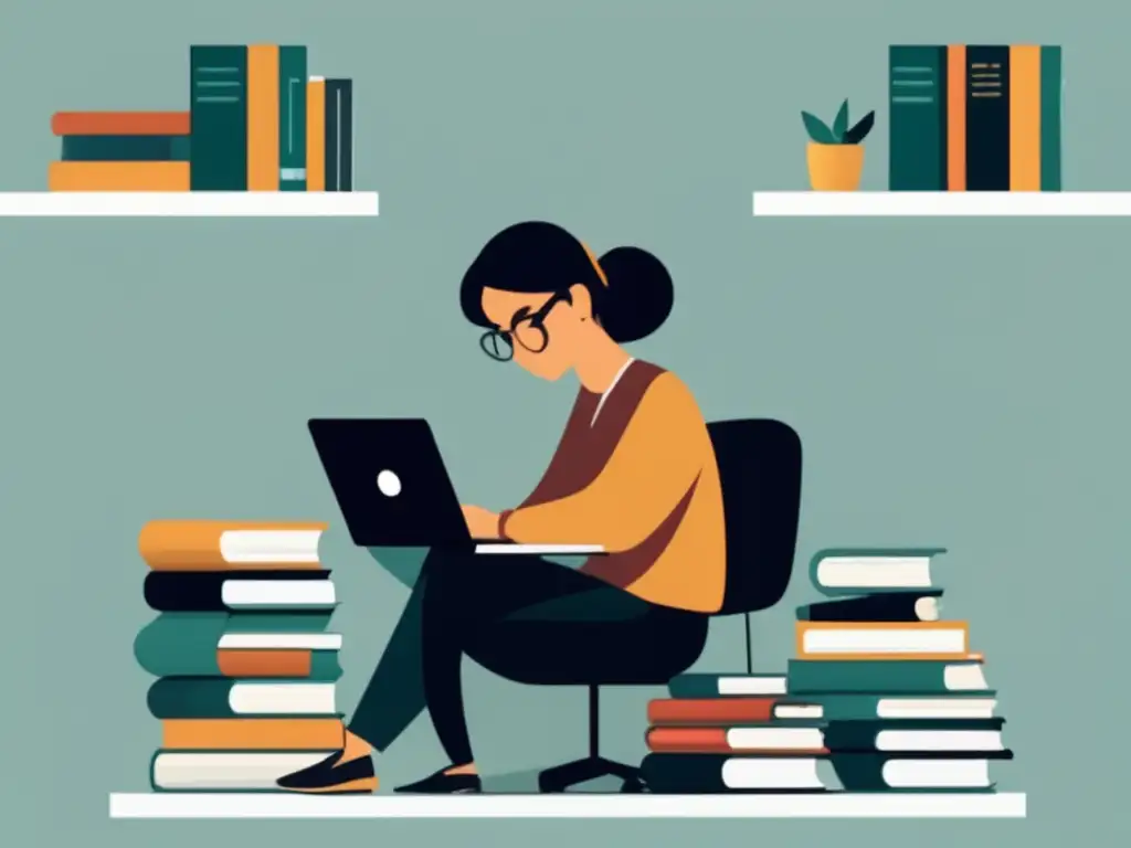 Persona reflexiva en escritorio con libros y laptop Persona reflexiva en un escritorio ordenado rodeada de libros, con laptop