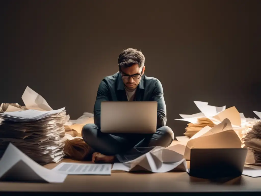 Evaluadores leyendo ensayos de admisión Persona reflexiva rodeada de papeles y un portátil en una habitación minimalista