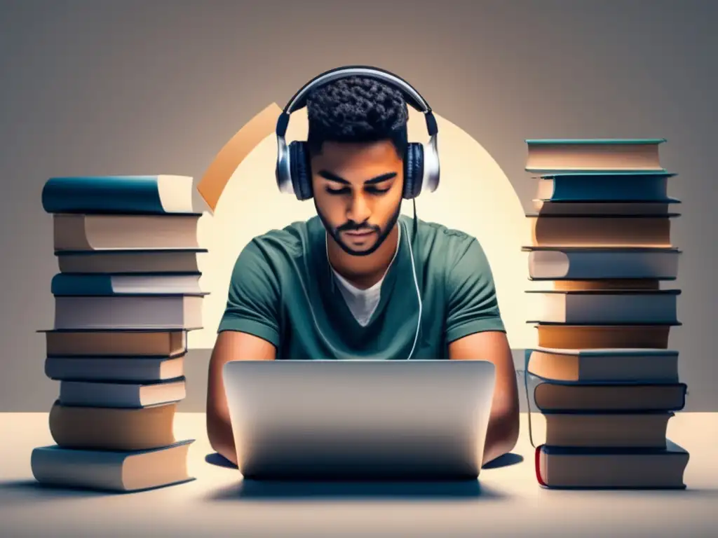 Estudiante concentrado preparándose para exámenes Persona estudiando con determinación, rodeada de libros y materiales de estudio