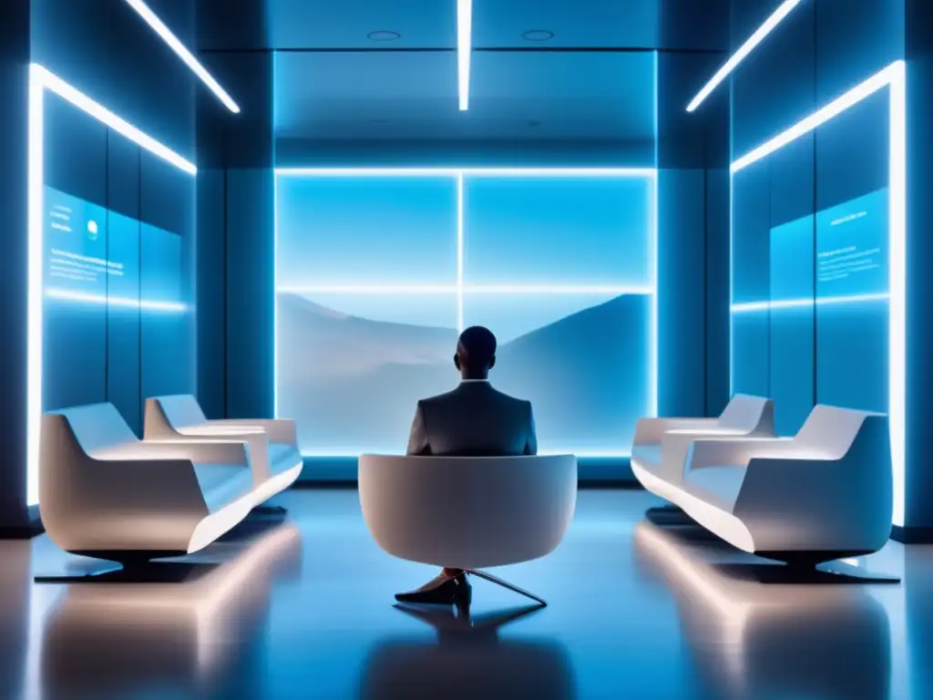 Entrevista futurista con inteligencia emocional Persona en sala de entrevista universitaria con inteligencia emocional artificial