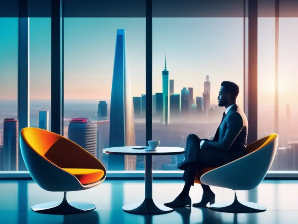 Entrevista exitosa: comunicación efectiva y potencial Persona segura en entrevista, ciudad y muebles minimalistas