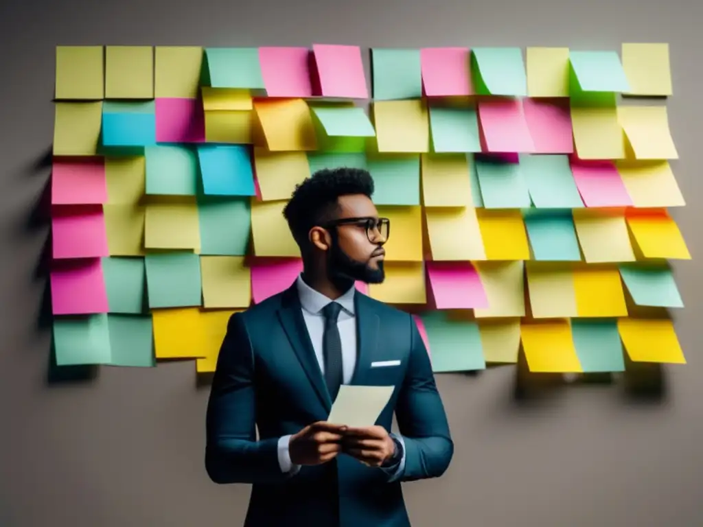 Personal branding: notas adhesivas y lupa Persona segura frente a notas coloridas, representa aspectos clave del branding personal en admisiones universitarias
