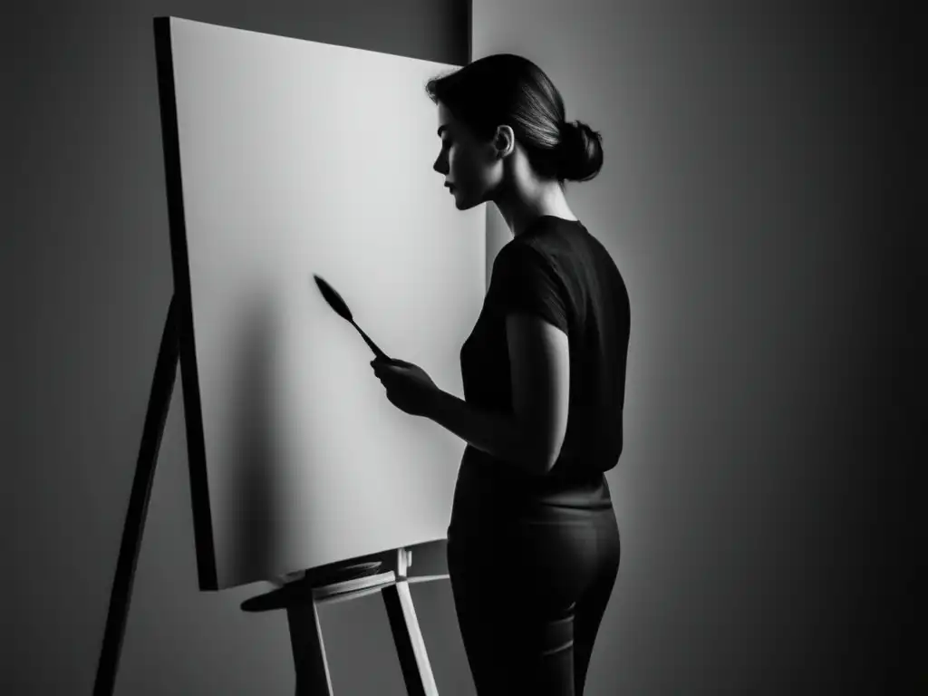 Arte en blanco y negro con potencial Persona pensando en selección de trabajos para portafolio universitario