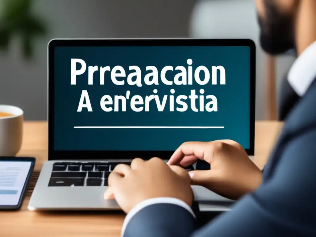 Preparación para entrevista Persona preparándose para entrevista/admisión universitaria, con laptop y notas - Consejos autenticidad admisiones universitarias