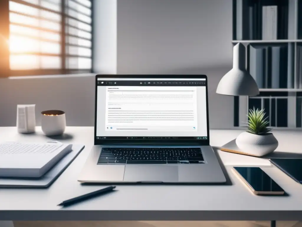 Escritorio minimalista y organizado Preparación personalizada exámenes admisión universitaria: Escritorio moderno, organizado y minimalista con laptop, cuaderno, lámpara y café