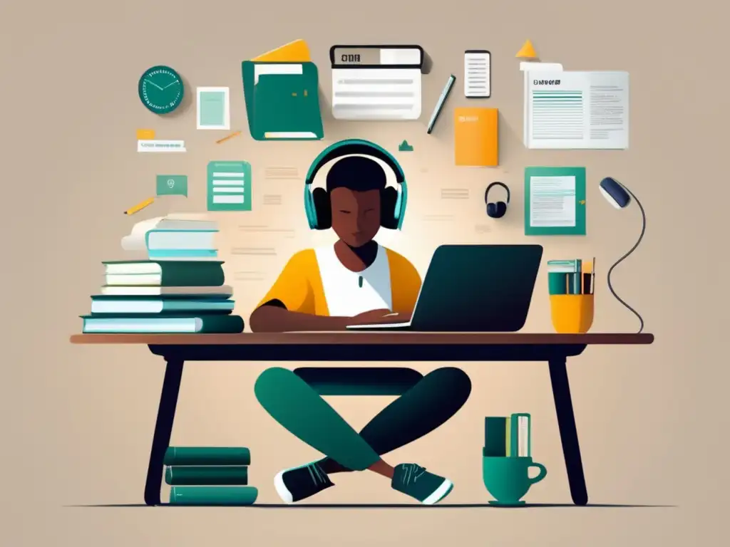 Estudiante concentrado en preparación personalizada Preparación personalizada exámenes admisión universitaria: estudiante en escritorio organizado, con materiales de estudio y plan personalizado