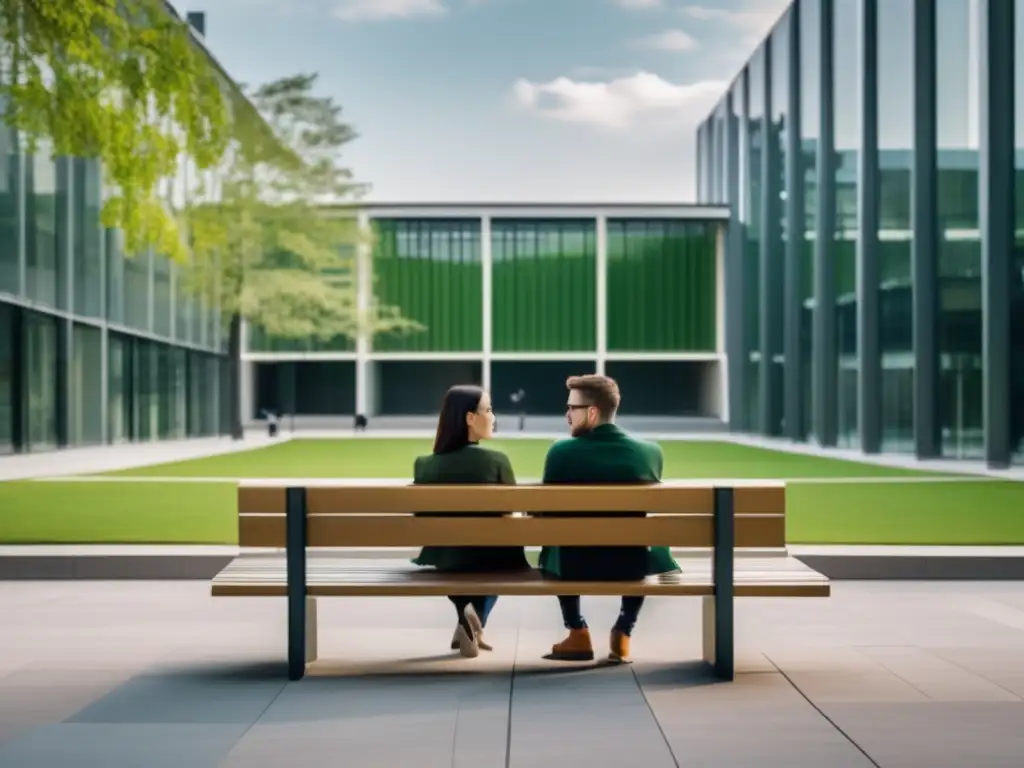 Conversación profunda en campus universitario Dos personas en una bancada de una universidad, en una animada conversación rodeados de arquitectura moderna y espacios verdes