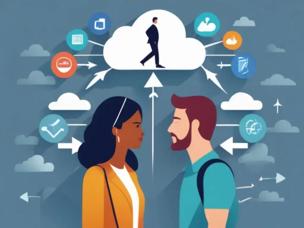 Superando la comparación: Dos personas enfrentando diferentes perspectivas Dos personas, una desanimada rodeada de símbolos de comparación y otra confiada rodeada de símbolos de éxito
