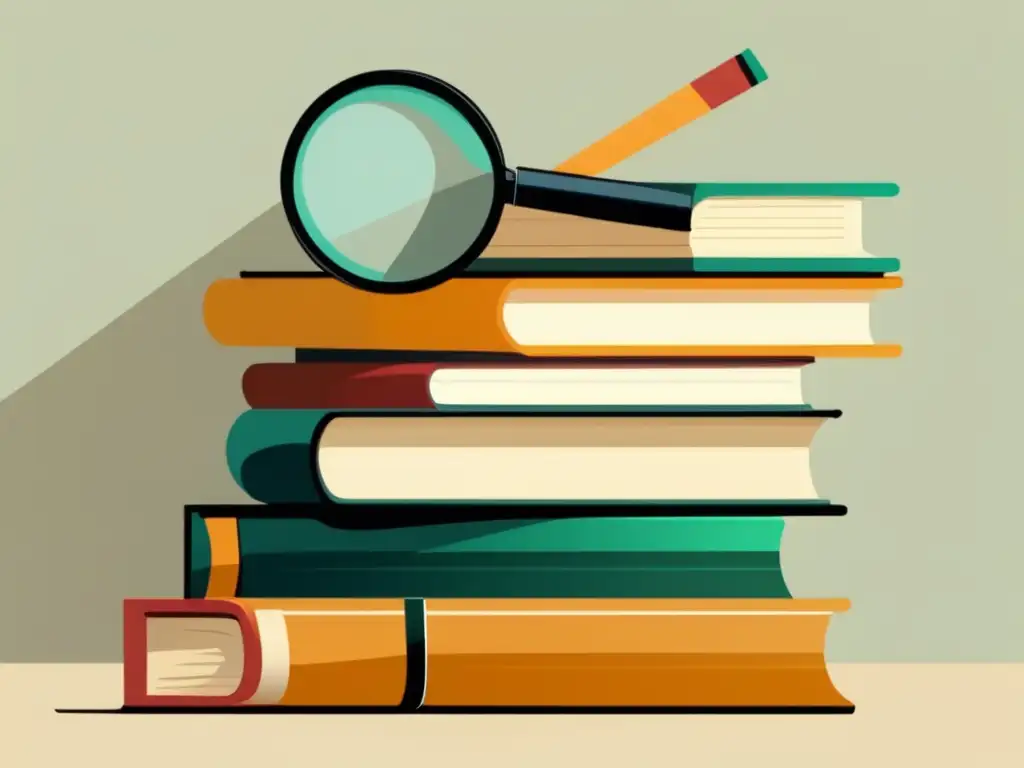 Libros organizados y magnifying glass Pila de libros con lupa: Sistema de puntaje en exámenes de admisión universitaria
