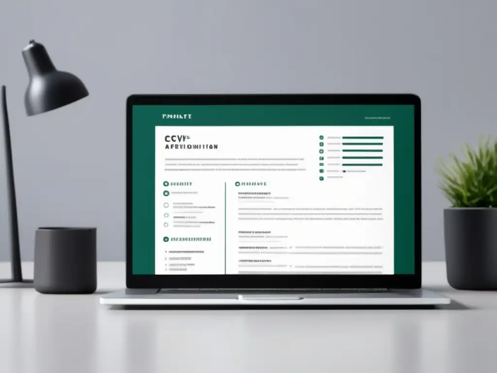 Plantilla moderna de CV en laptop Plantilla CV minimalista con diseño elegante y secciones claras para información personal, educación, experiencia laboral, habilidades y referencias
