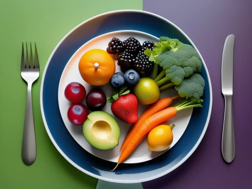 Plato de frutas, verduras y proteínas saludables Plato de alimentos para mejorar rendimiento académico con frutas, verduras y proteínas saludables