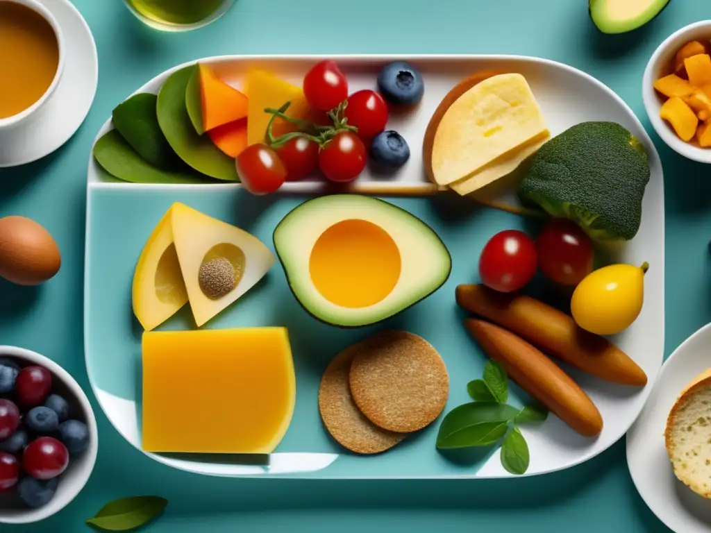 Plato equilibrado con alimentos saludables Plato nutritivo con desayunos, almuerzos y snacks saludables para estudiantes universitarios