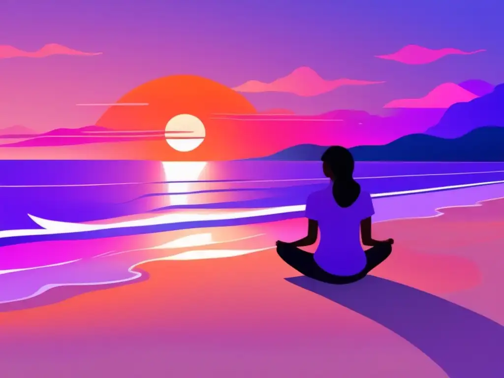 Playa tranquila al atardecer, relajación y meditación Playa serena al atardecer, con olas suaves y cielo pintado de tonos naranja, rosa y morado