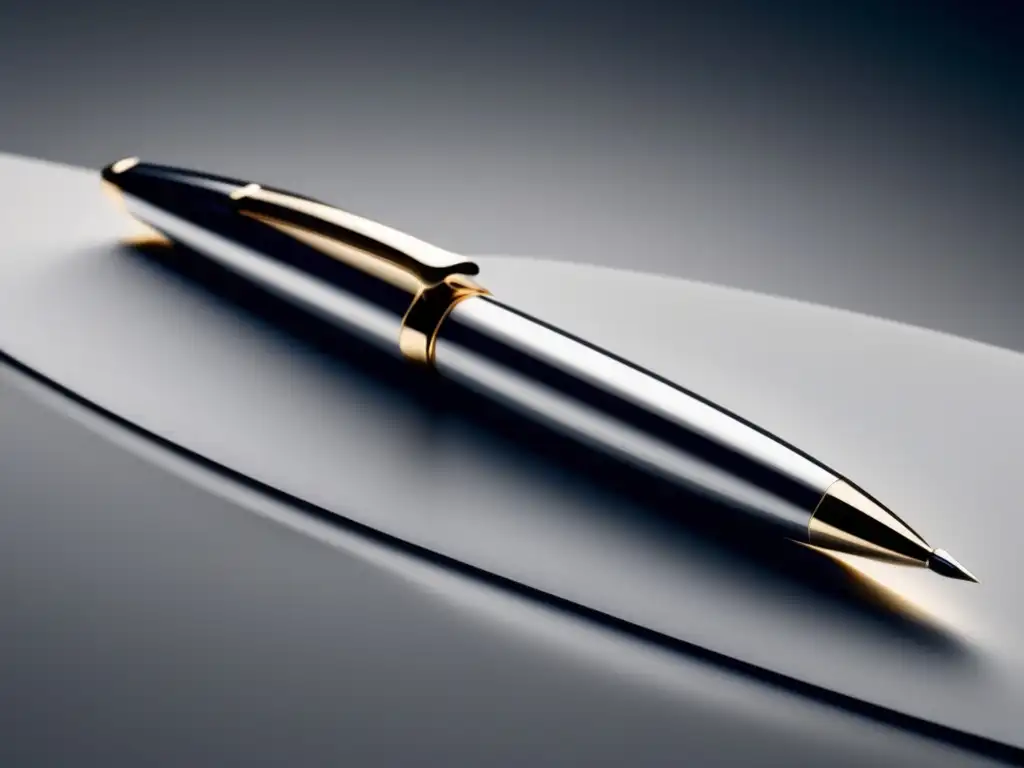 Pen elegante y minimalista en superficie blanca Pluma elegante en superficie blanca, simboliza técnicas de redacción persuasiva para ensayos de admisión