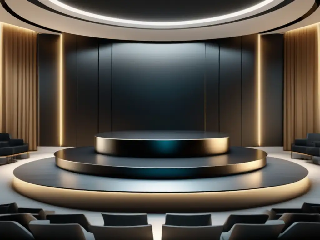Podio minimalista de mármol negro en auditorio elegante Podio minimalista de mármol negro en auditorio sofisticado con vista a paisaje verde