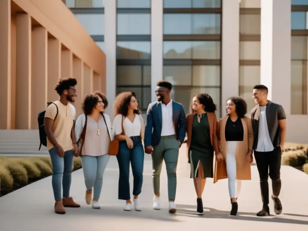 Estudiantes diversos uniéndose en la universidad Políticas de admisiones universitarias inclusivas: Estudiantes diversos sonrientes y unidos frente a un edificio universitario