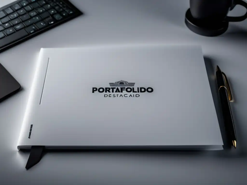 Portafolio Académico Destacado Diseño portafolio académico destacado en una imagen 8k ultradetallada de carpeta minimalista blanca colocada en escritorio moderno