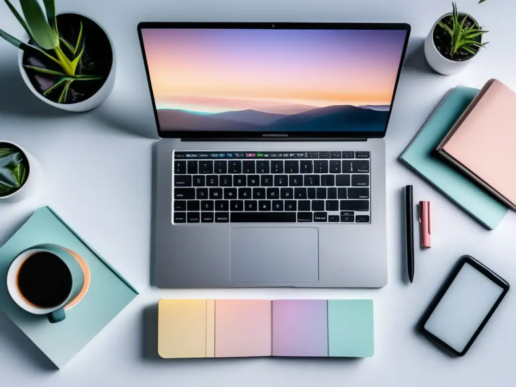 Escritorio organizado con portafolio académico Diseño portafolio académico destacado en una imagen de escritorio minimalista y organizado con laptop, cuaderno y papelería