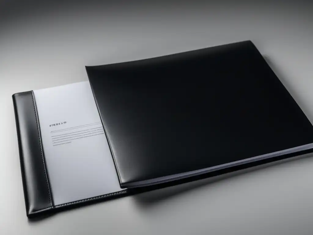 Portafolio de cuero negro organizado Portafolio de postgrado exitoso con documentos organizados