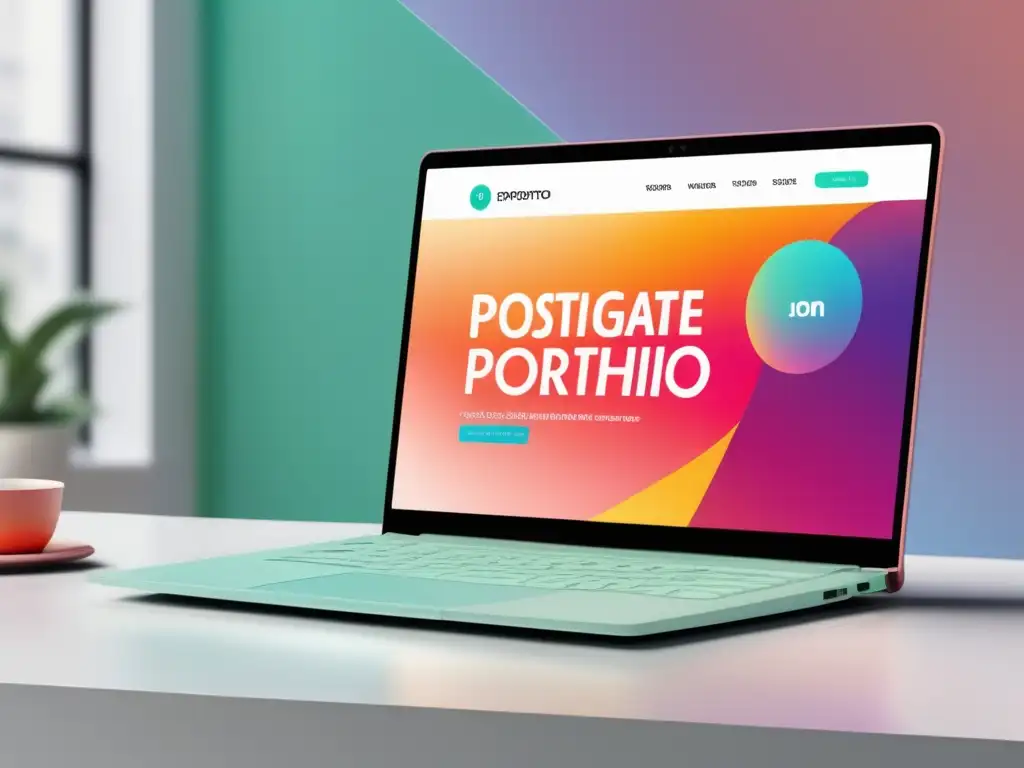 Laptop moderno en escritorio blanco Portafolio de postgrado exitoso: laptop moderna, presentación visualmente cautivadora, colores vibrantes y gráficos dinámicos