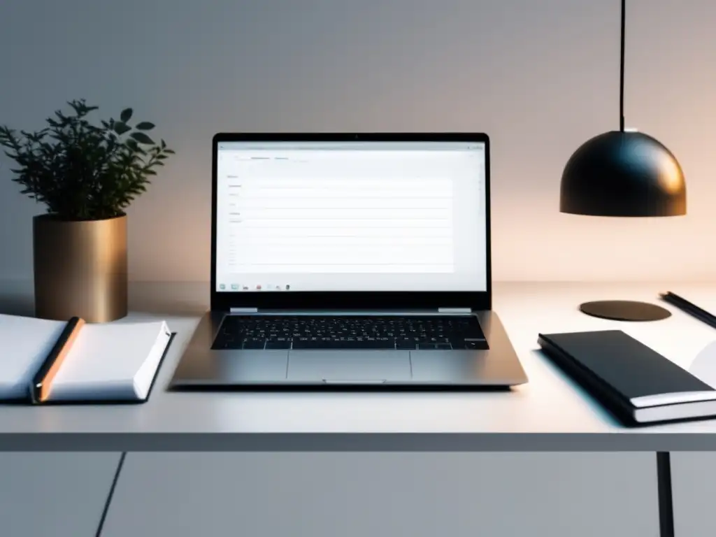 Escritorio minimalista con laptop abierta y organización Un portafolio universitario atractivo: laptop organizado y moderno en un escritorio limpio, con elementos de papelería y una iluminación suave