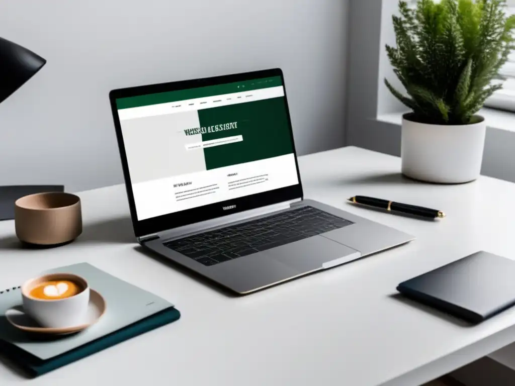 Portafolio universitario elegante y minimalista Portafolio universitario exitoso: Laptop moderna sobre escritorio blanco y organizado, con diseño web elegante y minimalista