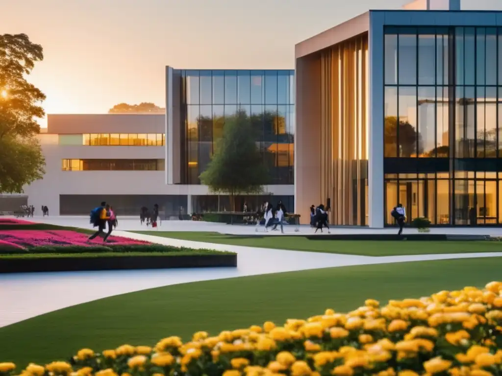 Universidad moderna al amanecer Preparación para prácticas universitarias en un campus moderno al amanecer