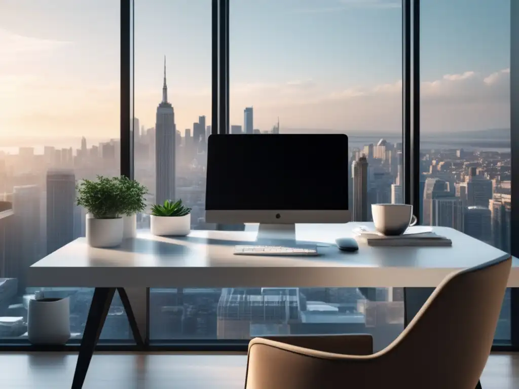 Espacio de trabajo minimalista con vista a la ciudad Preparación para prácticas universitarias: Espacio de trabajo minimalista con escritorio blanco, ventana panorámica y skyline urbano