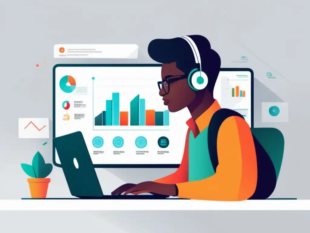 Estudiante enfocado con laptop y dashboard de feedback Mejorar preparación universitaria con feedback instantáneo - Estudiante enfocado en laptop con dashboard de progreso
