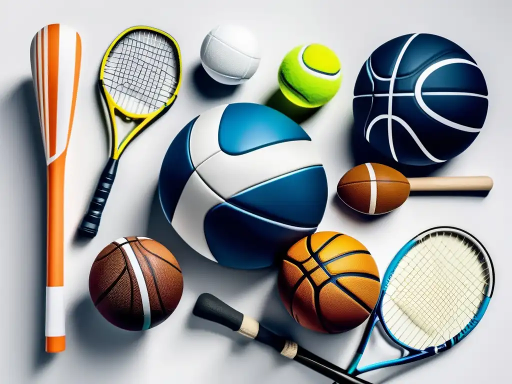Collage deportivo: baloncesto, fútbol, tenis, natación, atletismo, voleibol Presentación de habilidades deportivas universitarias con equipos deportivos en una composición minimalista y moderna