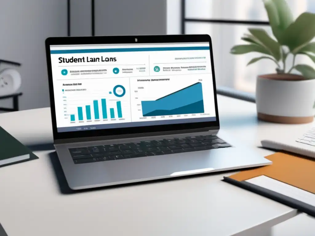 Estadísticas de préstamos estudiantiles 2023 Préstamos estudiantiles 2023: Laptop moderno con infografía de estadísticas y opciones de préstamo