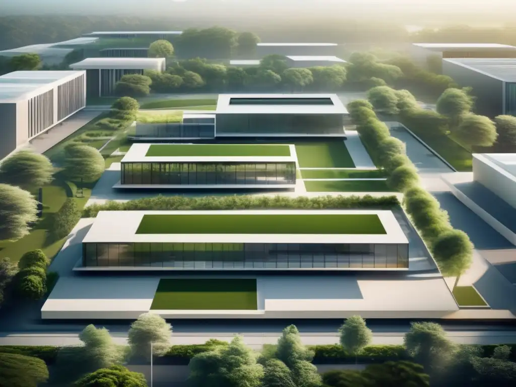 Campus universitario moderno y minimalista Préstamos estudiantiles universitarios: Moderno campus universitario minimalista con diseño arquitectónico sofisticado y estudiantes activos