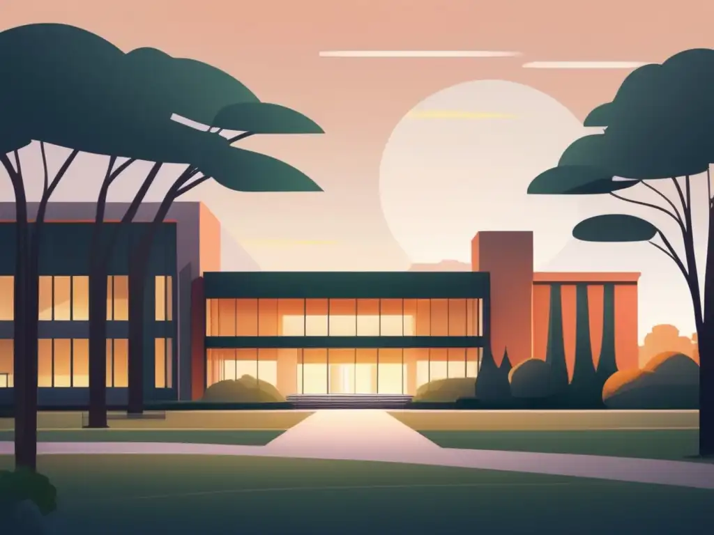 Universidad moderna y tranquila al atardecer Privacidad en admisiones universitarias durante el atardecer en el campus