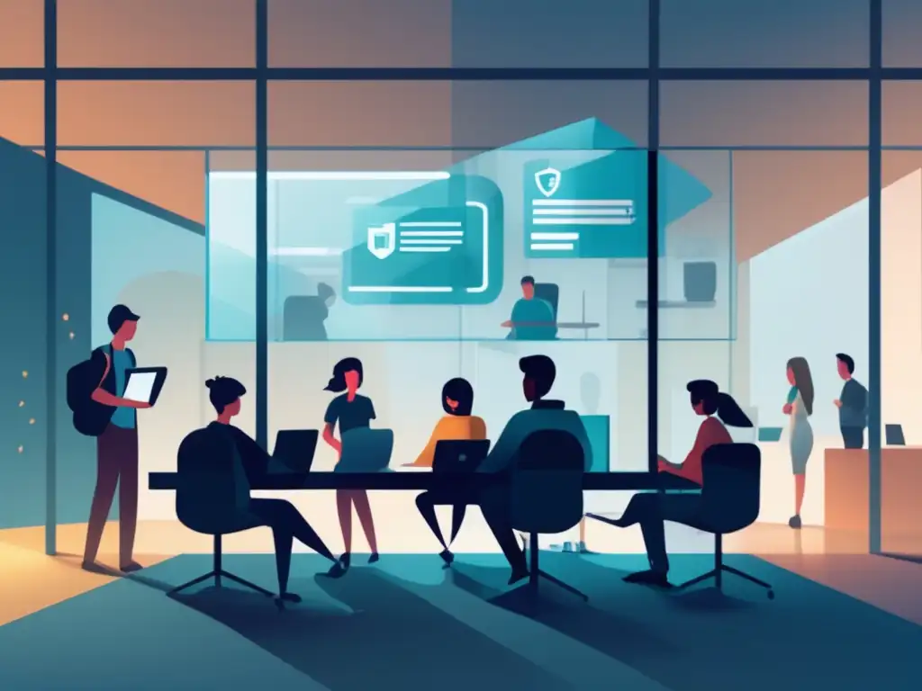 Privacidad en aulas modernas Privacidad estudiantil en entornos educativos: imagen minimalista y contemporánea de un aula con estudiantes protegidos por un escudo digital mientras intrusos intentan acceder a su información personal