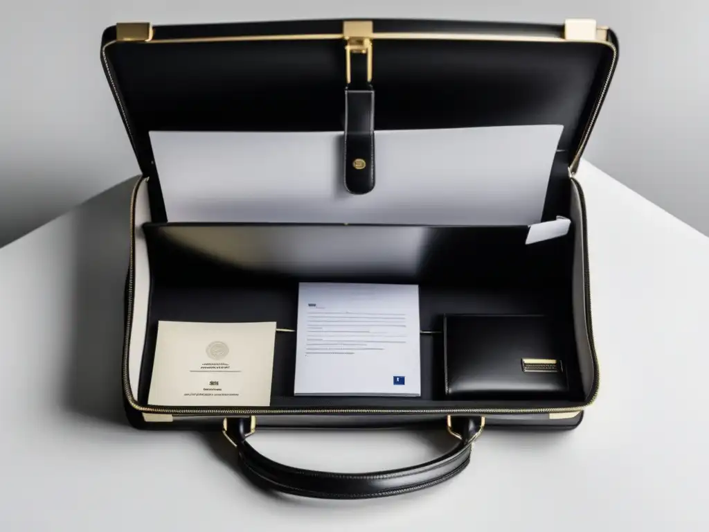 Maletín negro, documentos organizados para entrevista universitaria Proceso de admisiones: Guía completa y experta - Briefcase negro con documentos universitarios y pluma lista para escribir