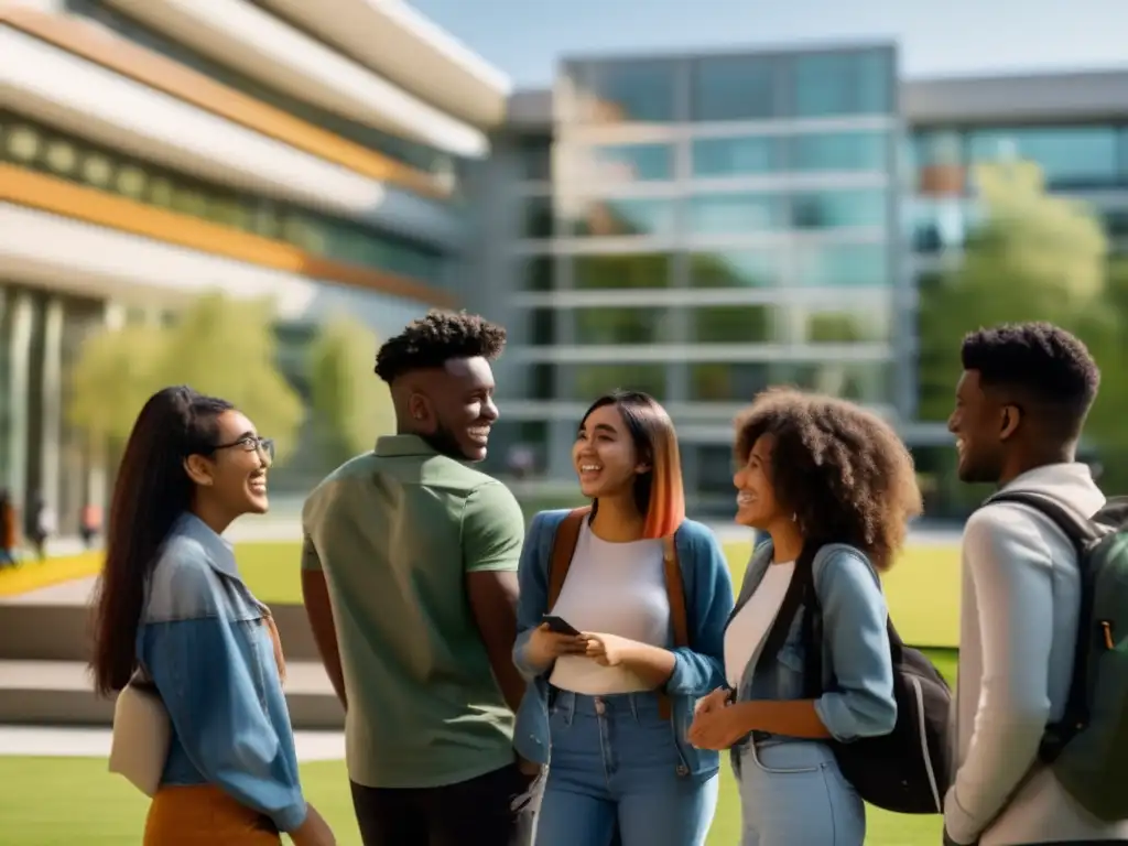 Estudiantes internacionales en universidad moderna Proceso de admisiones internacionales: Estudiantes de diferentes culturas sonrientes frente a universidad moderna