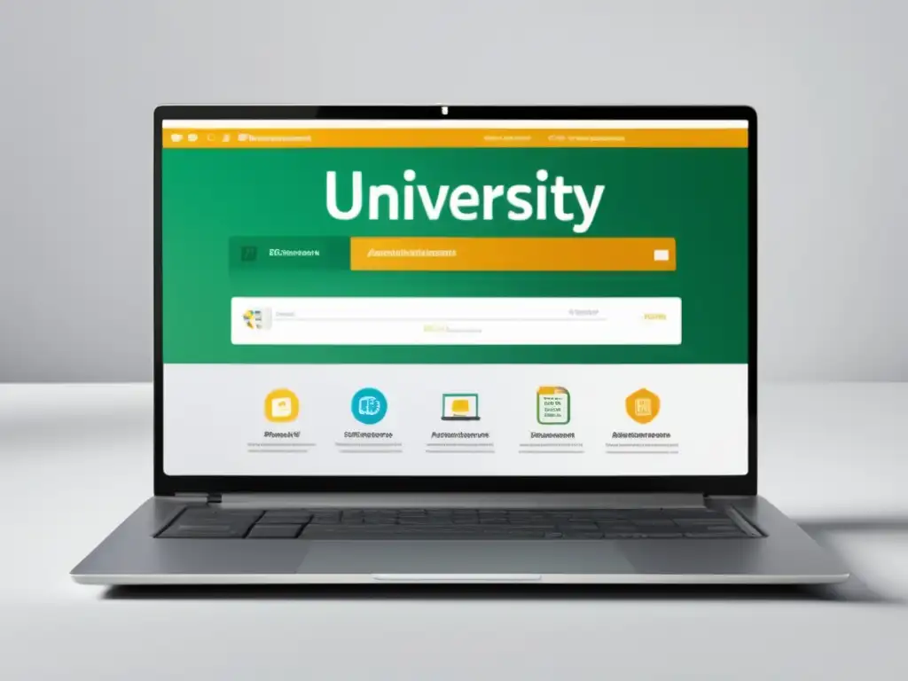 Laptop universidad online y herramientas elegantes Proceso de admisiones en línea: Laptop moderno con pantalla vibrante, formulario sencillo y elegantes iconos